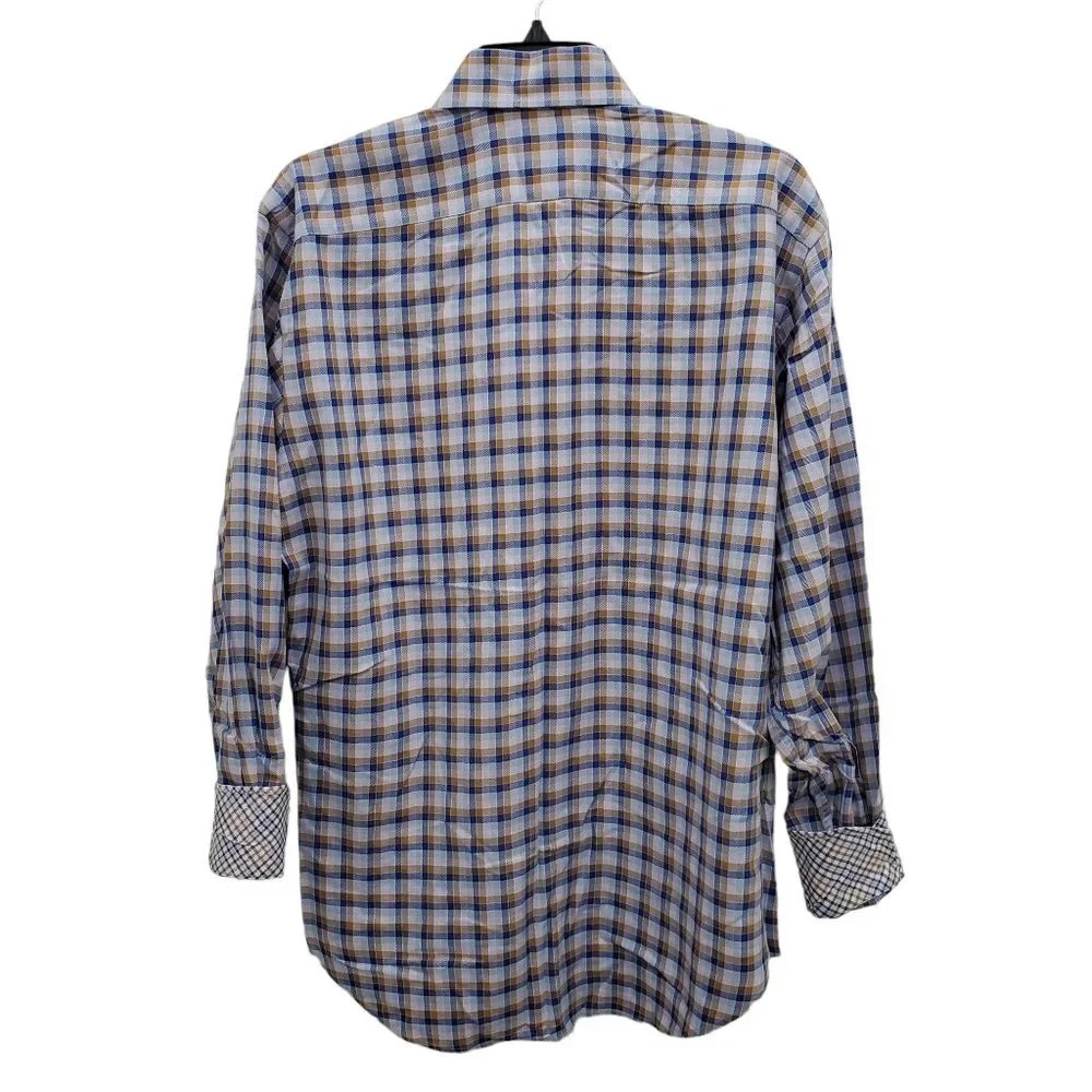 Tailorbyrd Men's Blue & brown Plaid Mixed Print Flip Cuff L/S Dress Shirt Size M - Picture 5 of 6